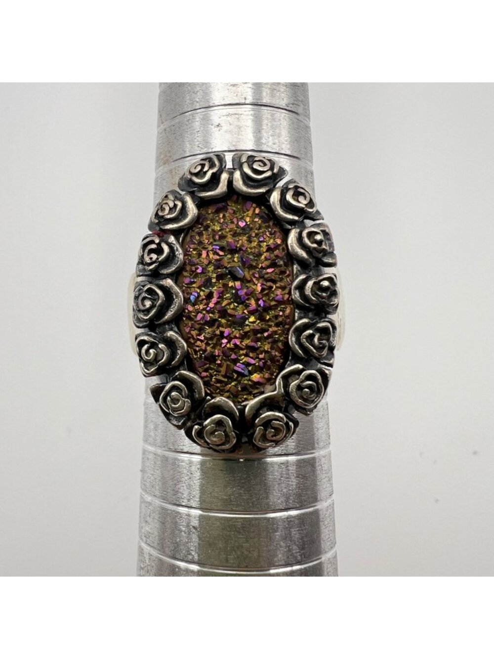 Sterling Silver Ring Size 10.25 Rainbow Druzy Rose Border Marked 925 PZ Israel